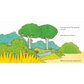 Illustration of a savanna scene with animals and text prompts.