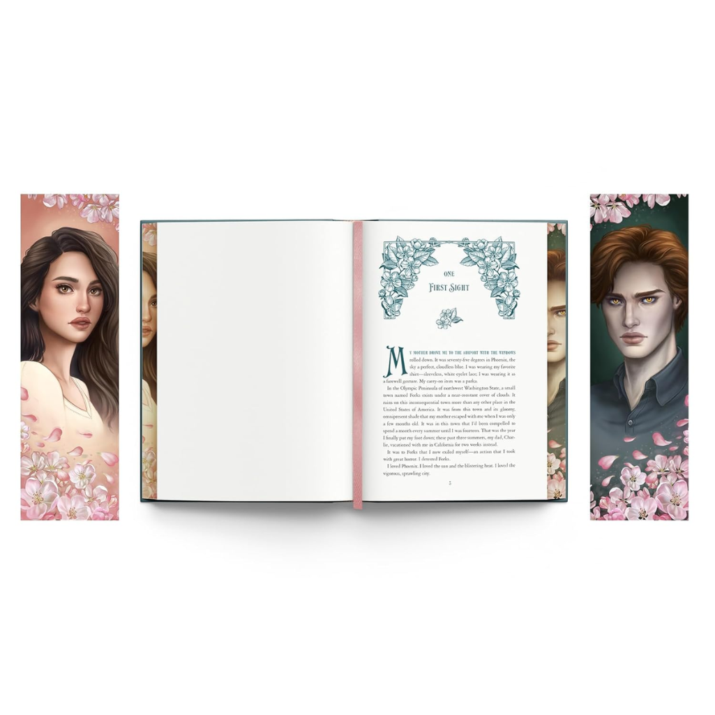 Open book with character illustrations on a white background
