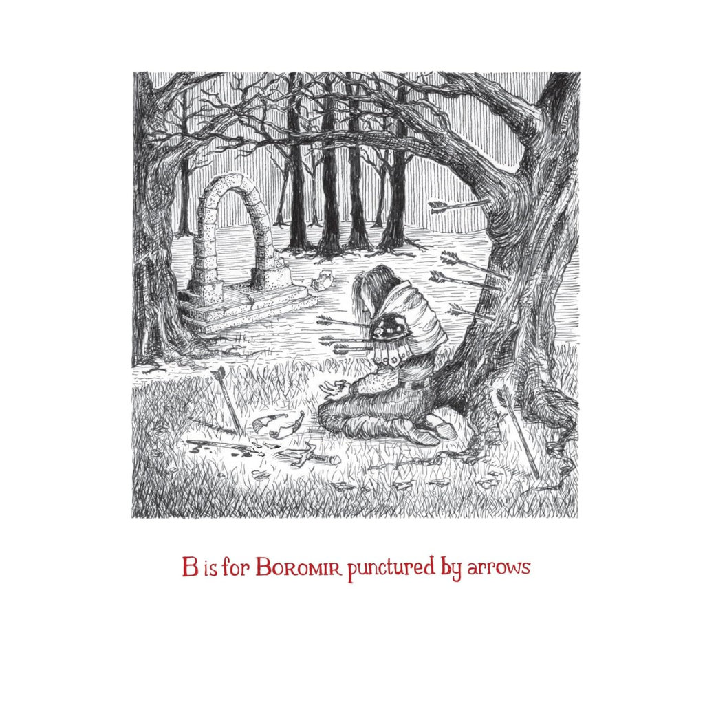Illustration of a character in a forest with text 'B is for Boromir punctured by arrows'.