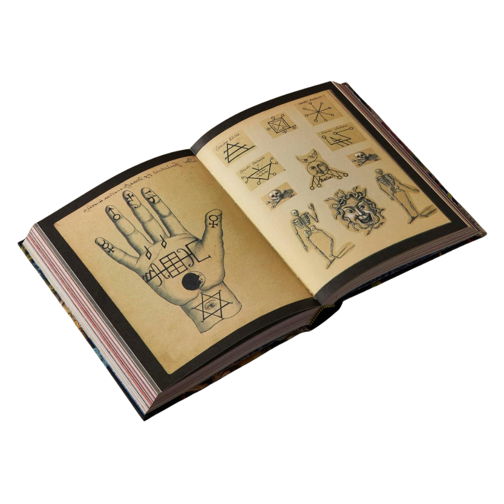 Open book with tattoo designs on a white background