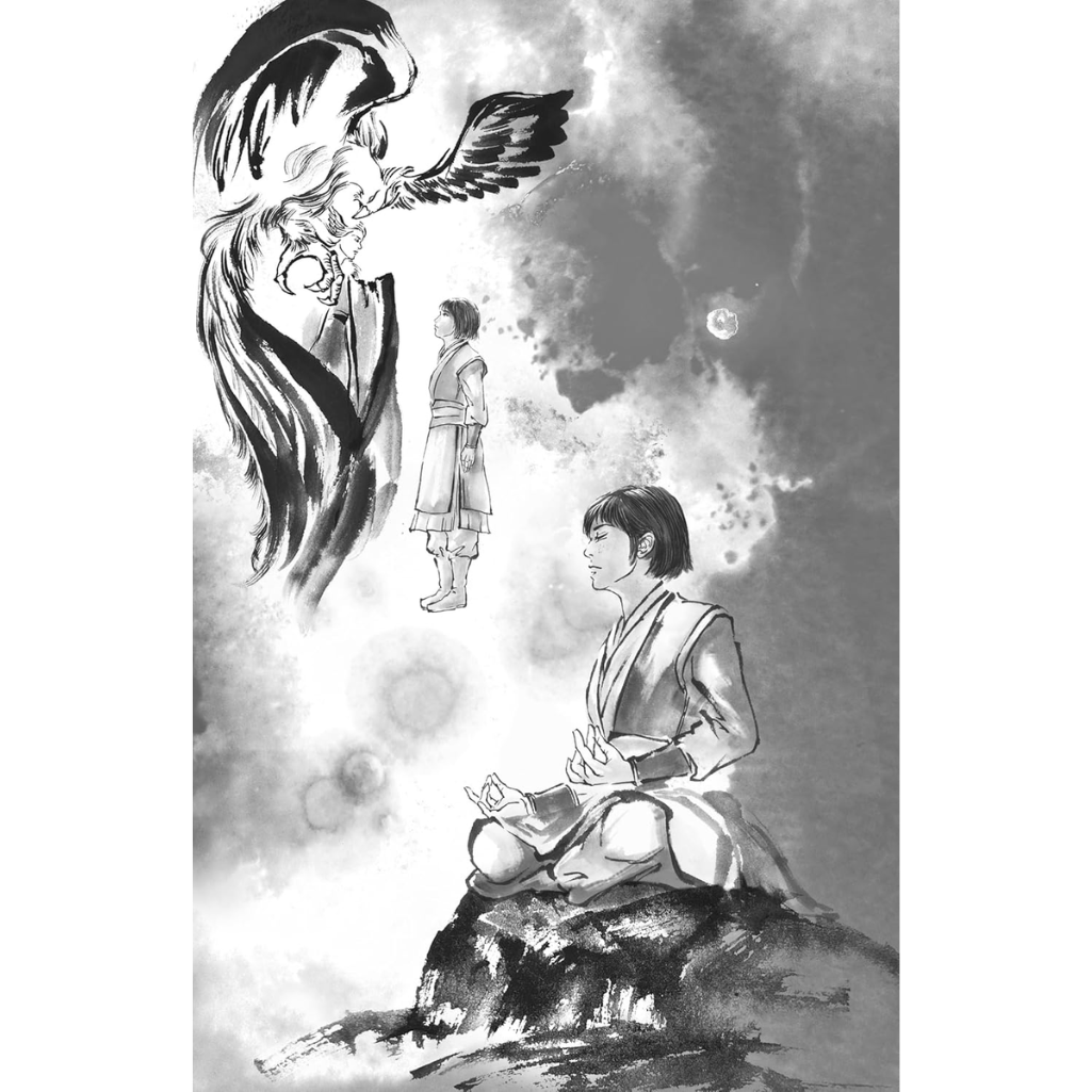 Black and white illustration of a warrior sitting on a rock with another warrior and an eagle in the background.