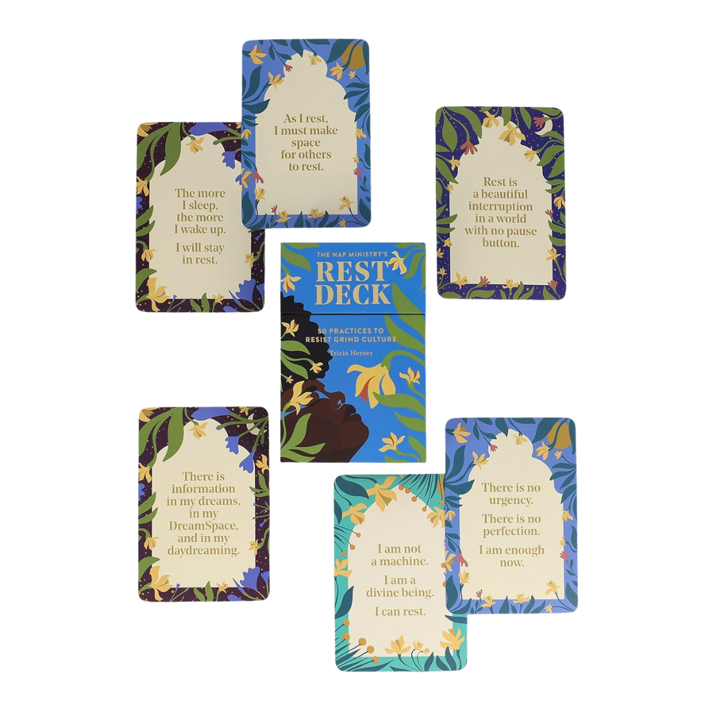 Set of cards from 'The Rest Deck' with floral designs and inspirational quotes on a white background.