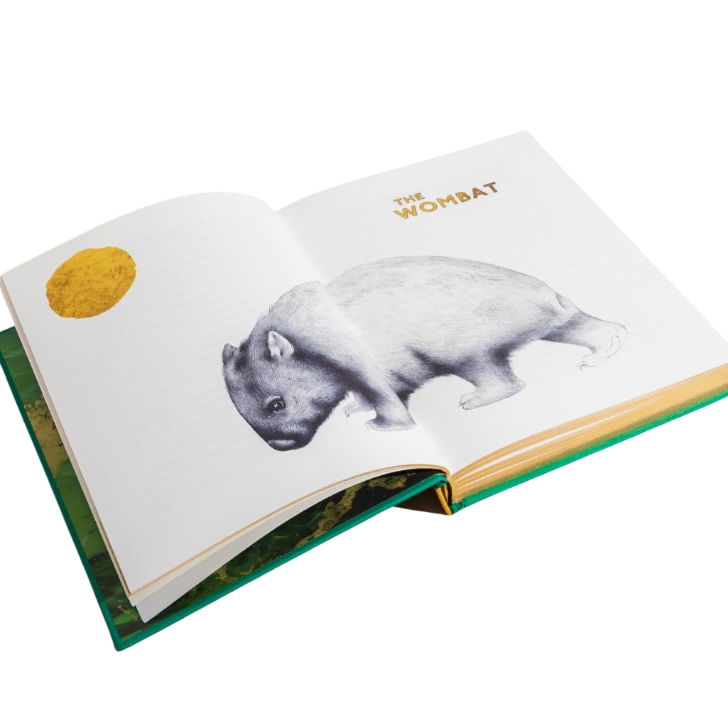Open book showing a page with an illustration of a wombat and a yellow circle.