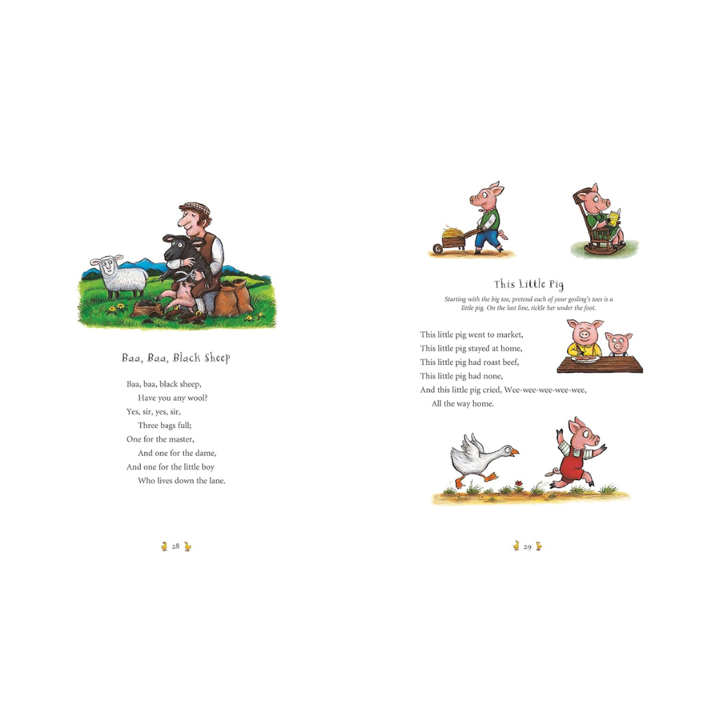 Illustrated children's book page with nursery rhyme text and graphics.