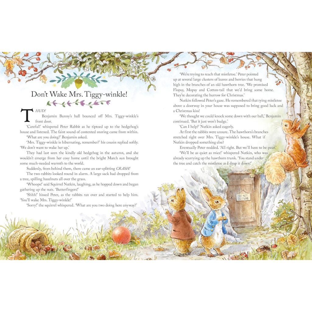 Illustrated book page with characters from 'The Tale of Peter Rabbit' and text.