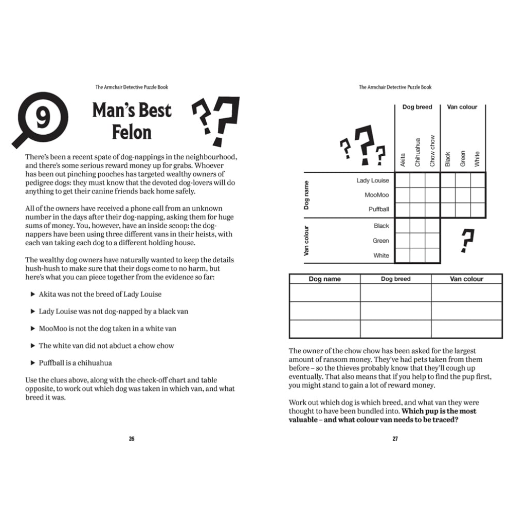 Page from a book titled 'Man's Best Felon' with text and checkboxes for dog breed and color.