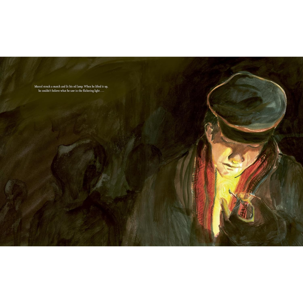 Illustration of a person in a dark setting with a red scarf and cap, holding a light source.