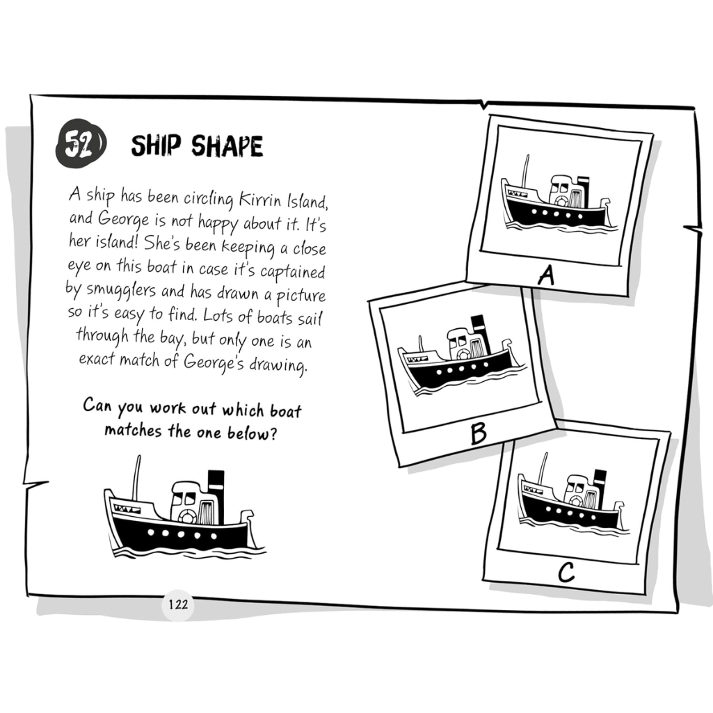 Illustration of a page from a book with a ship drawing and multiple-choice options.