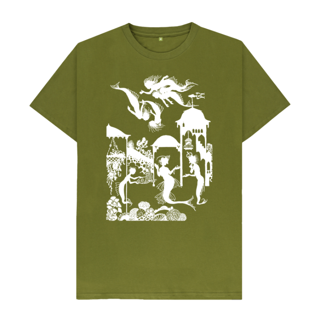 Moss Green Little Mermaid in white T-shirt