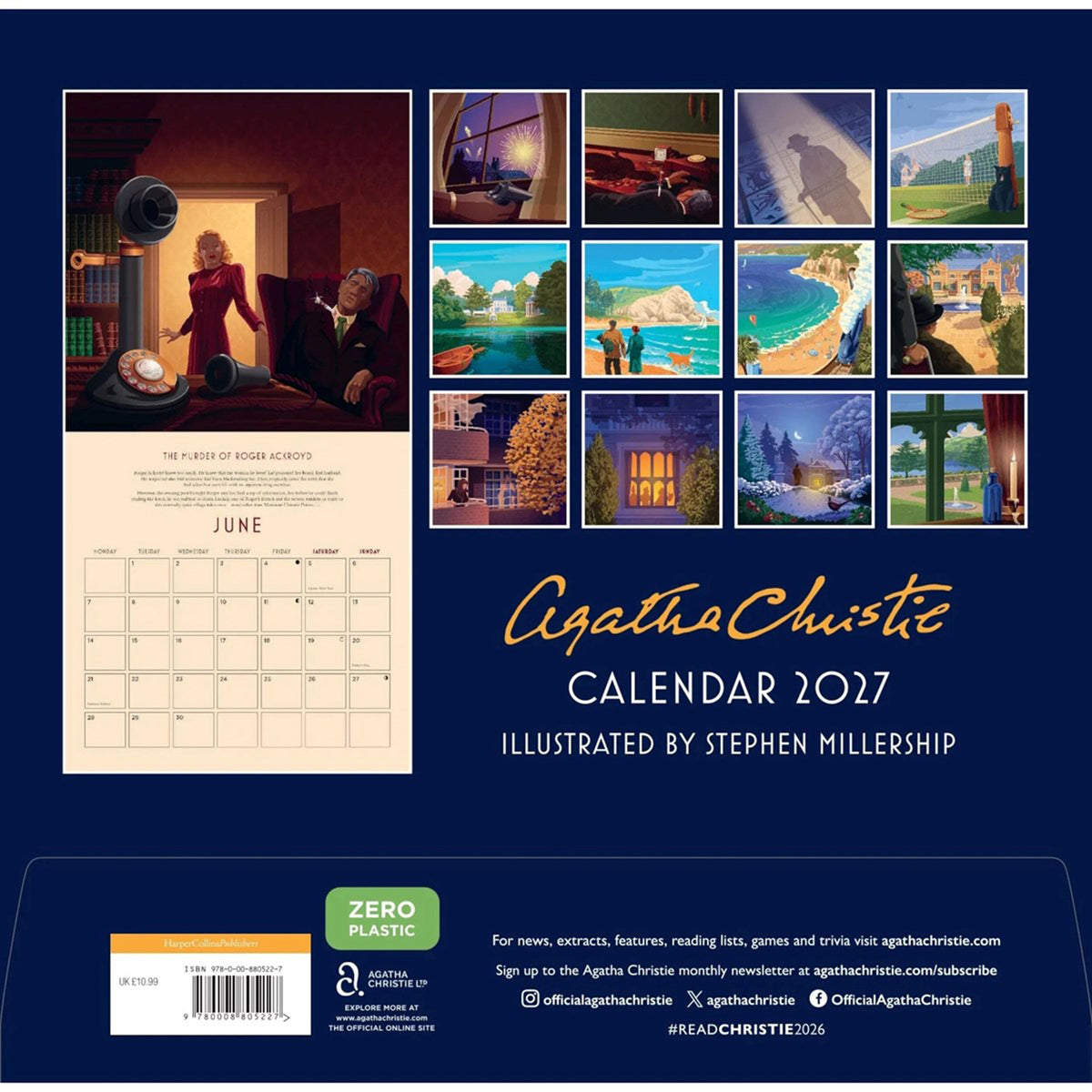 Back cover of the Agatha Christie 2027 illustrated calendar, featuring a large June page preview, a 3x3 collage of illustrated scenes, and the title 'Agatha Christie Calendar 2027' on a dark blue background.
