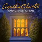 Official Agatha Christie 2027 calendar cover art featuring a dark blue illustrated house facade with a glowing yellow window and silhouetted figures inside, plus large yellow and white title text across the top.