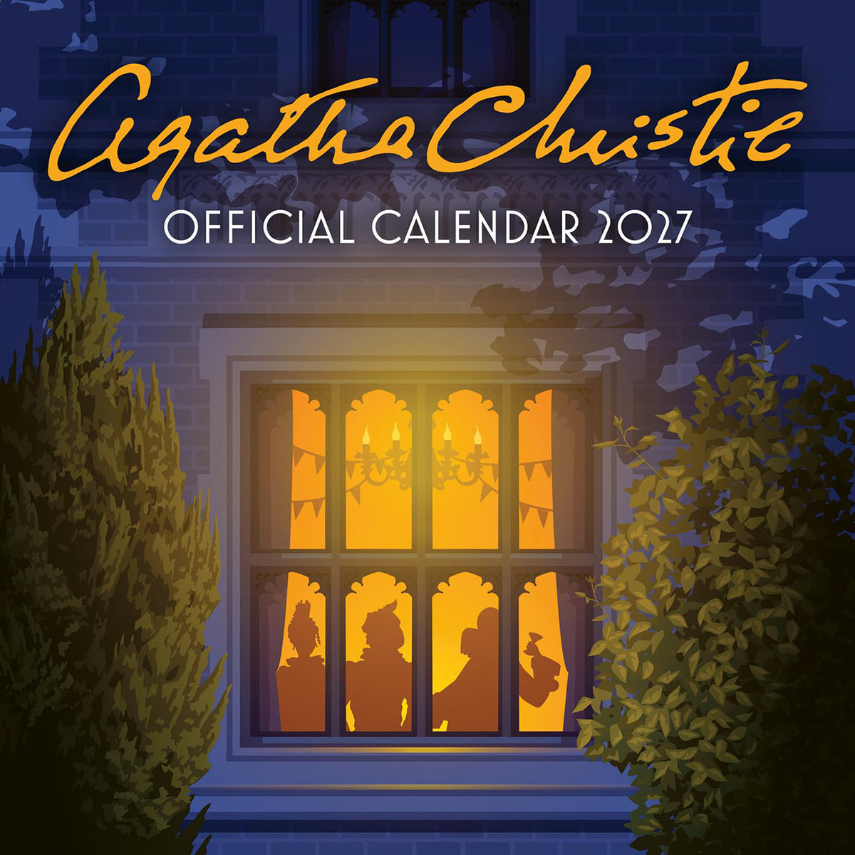 Official Agatha Christie 2027 calendar cover art featuring a dark blue illustrated house facade with a glowing yellow window and silhouetted figures inside, plus large yellow and white title text across the top.