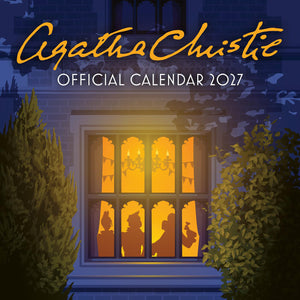 Official Agatha Christie 2027 calendar cover art featuring a dark blue illustrated house facade with a glowing yellow window and silhouetted figures inside, plus large yellow and white title text across the top.