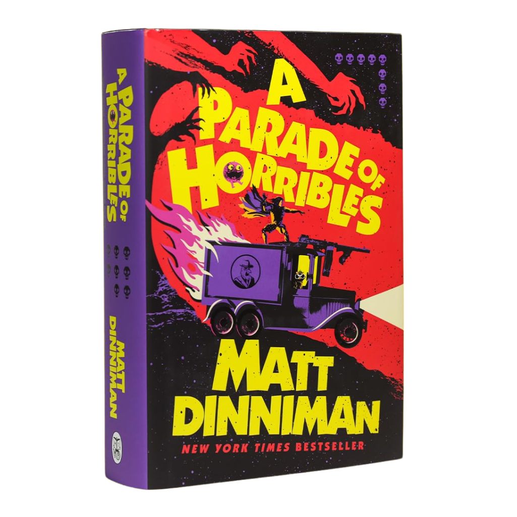 Book cover of 'A Parade of Horribles' by Matt Dinniman with vibrant colors and graphic design.