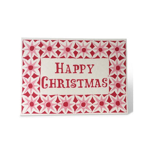 Christmas card with red and white pattern and 'Happy Christmas' text