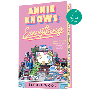 Book cover of 'Annie Knows Everything' by Rachel Wood with colorful text and illustrations.