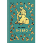 The BFG book cover by Roald Dahl, illustrated by Quentin Blake, featuring a teal background with a yellow cartoon character and scattered beer cans and bottles.