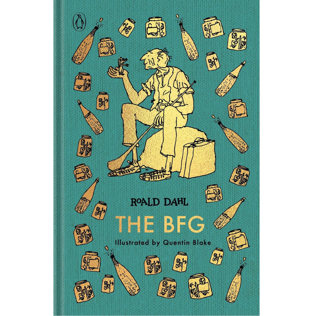 The BFG book cover by Roald Dahl, illustrated by Quentin Blake, featuring a teal background with a yellow cartoon character and scattered beer cans and bottles.
