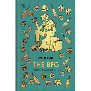 The BFG book cover by Roald Dahl, illustrated by Quentin Blake, featuring a teal background with a yellow cartoon character and scattered beer cans and bottles.