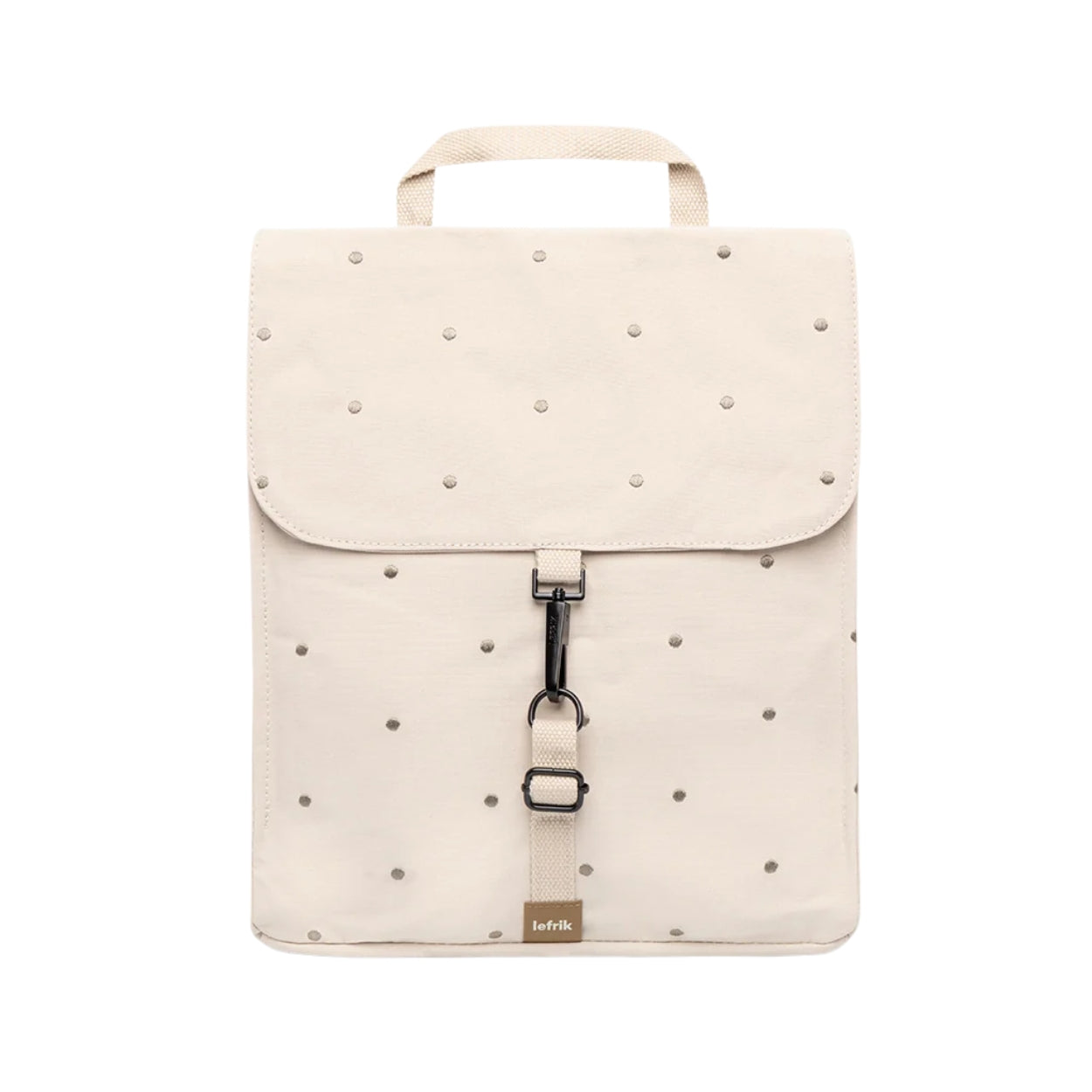 An off-white backpack with a top handle, featuring a flap closure decorated with with Ecru Dots, a central black metal clip, and a small tan brand tag at the bottom.