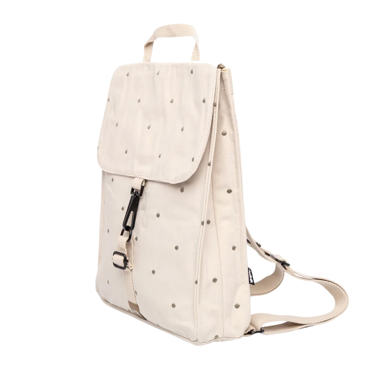 A cream-colored backpack with ecru dots and black hardware, shown from a three-quarter angle on a white background.