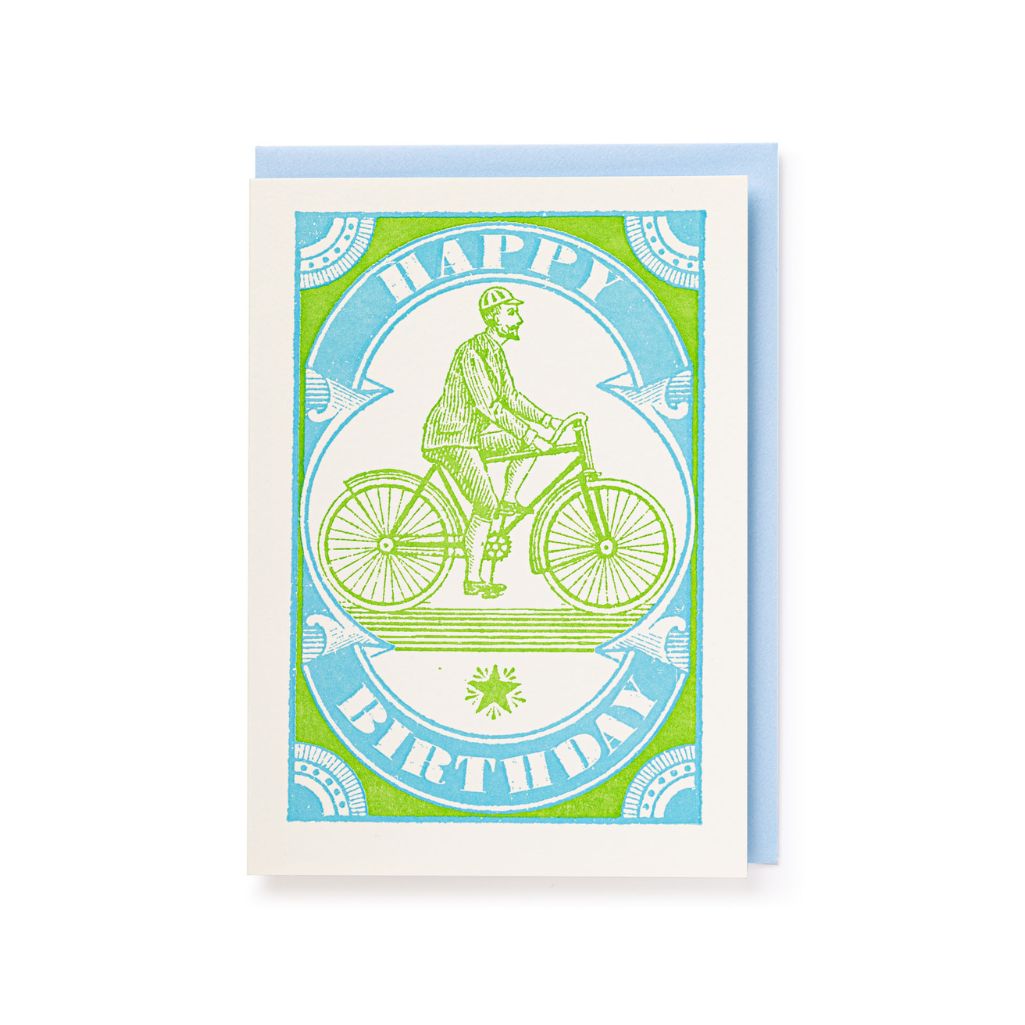 Featuring a lime green illustration of a gentleman on a bicycle with a lime green and baby blue detailed border and the words 'Happy Birthday' in white.