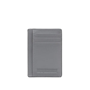A slim gray leather card holder wallet with multiple card slots and a debossed NEW DISGUISE logo at the bottom, shown on a light gray background.