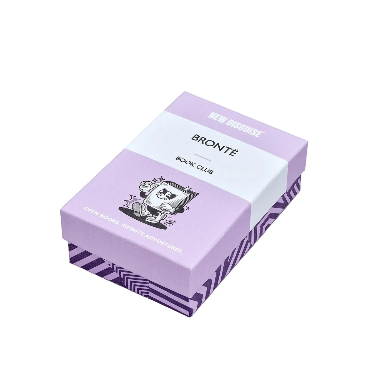 A rectangular product box for the New Disguise Bronté Book Club, featuring a lavender and white colour scheme with a cartoon illustration of a book character and purple striped pattern on the sides, set against a light gray background.