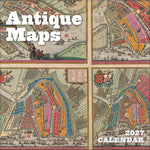A 2027 calendar titled 'Antique Maps' featuring a four-panel collage of detailed historical map prints in muted beige, blue, pink, orange, and green tones. Large white title text appears at the top left, and '2027 CALENDAR' appears at the bottom right.