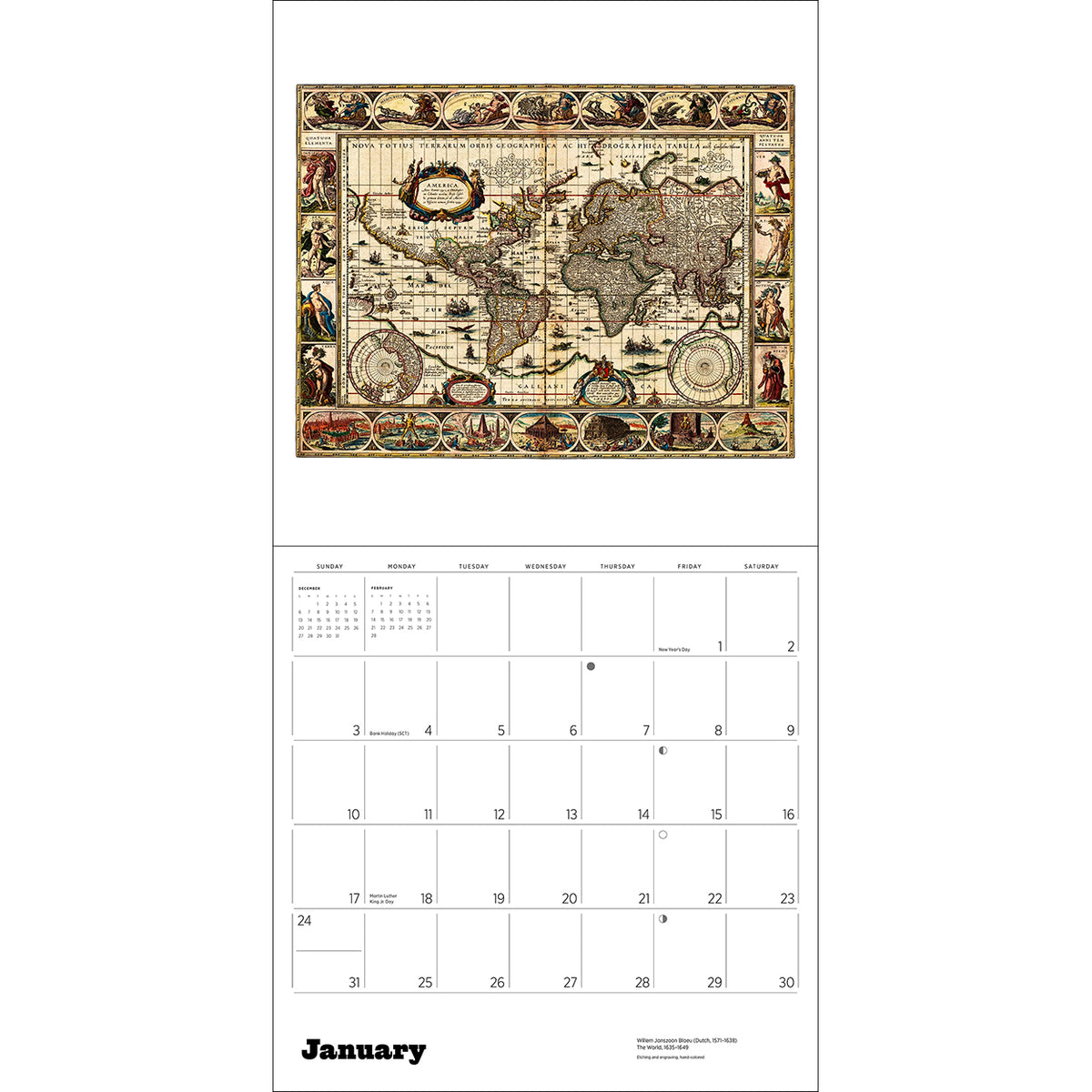 A single-page calendar spread showing an antique-style world map on the top page and a January calendar grid on the bottom page, photographed against a white background.