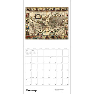 A single-page calendar spread showing an antique-style world map on the top page and a January calendar grid on the bottom page, photographed against a white background.