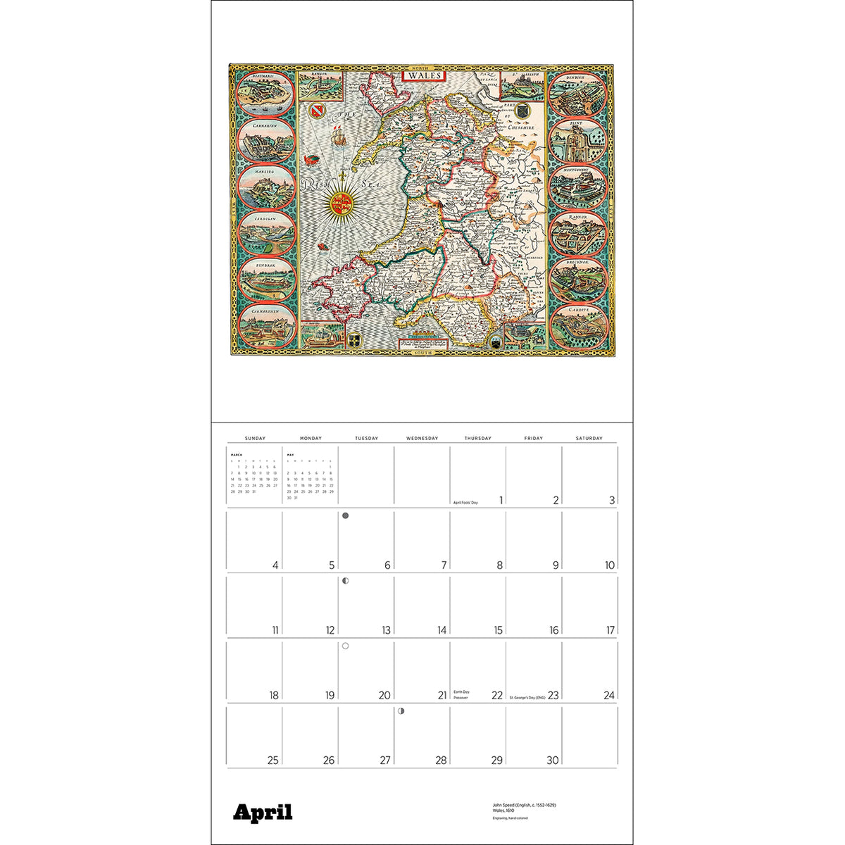 A vertical wall calendar page showing an ornate vintage map of Germany at the top and a monthly calendar grid for April at the bottom, with the word April printed in large black font.