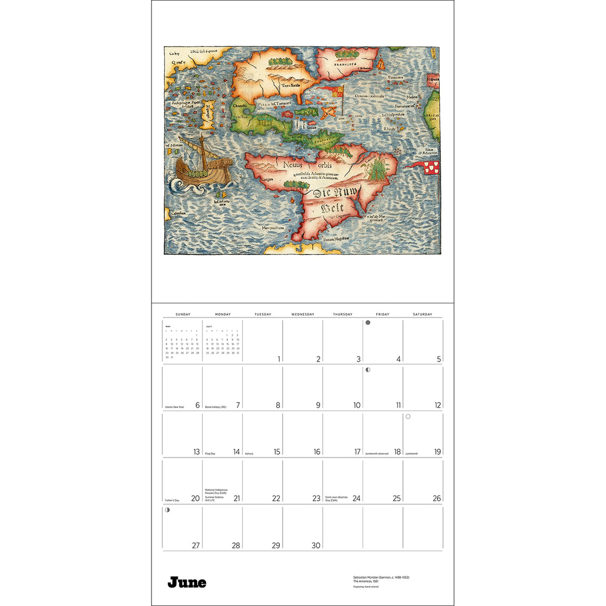 A vertical wall calendar page for June featuring an antique-style map of the continent of Africa and surrounding seas at the top, with a monthly calendar grid below and the word 'June' printed at the bottom.