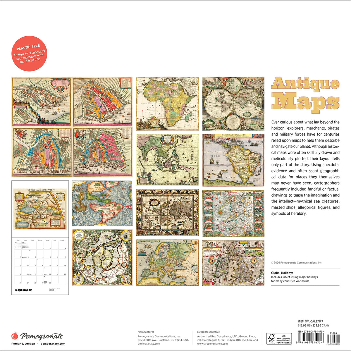 Back cover of a Pomognante educational book or booklet titled 'Antique Maps', featuring a red circular 'Plastic-Free' badge, a grid of vintage map illustrations, a small calendar page, and product details at the bottom.