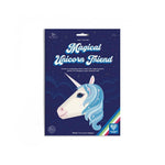Packaging of a unicorn craft kit with a blue and white design on a white background