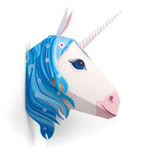 Unicorn head with blue hair and a white background