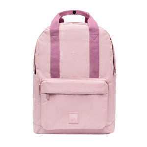 A light pink backpack with darker pink webbed top handles and a matching front zip pocket, shown against a plain white background.