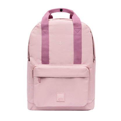A light pink backpack with darker pink webbed top handles and a matching front zip pocket, shown against a plain white background.