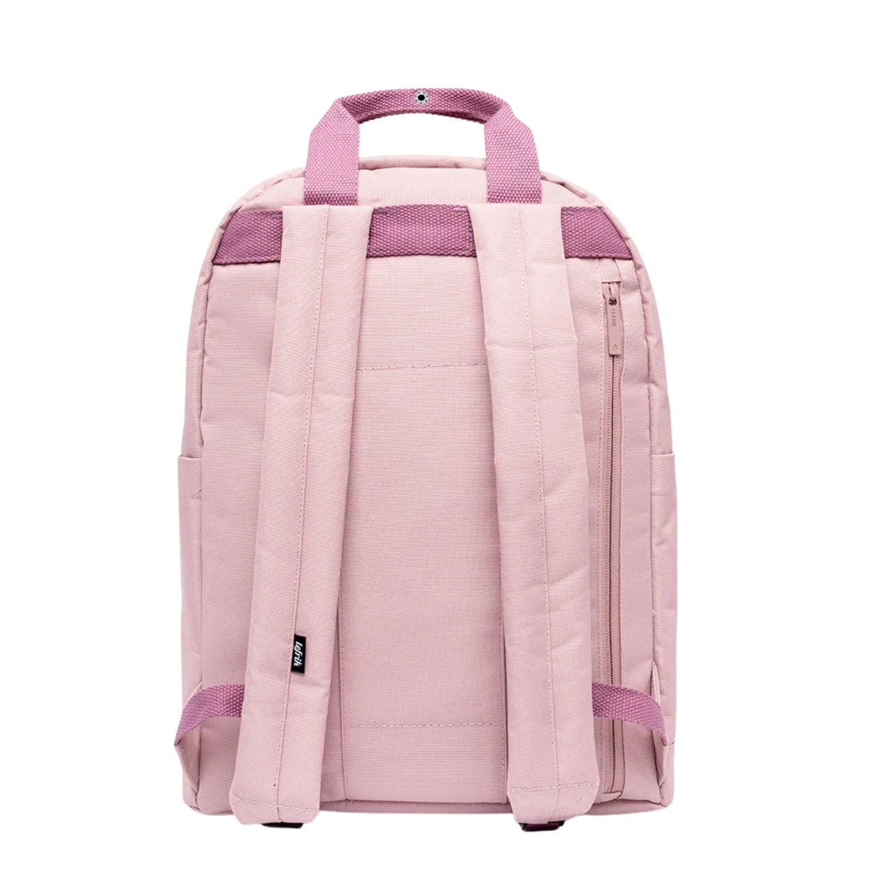 A light pink backpack shown from the back, featuring padded shoulder straps, top carry handles, a vertical zippered pocket on the right side, and contrasting darker pink webbing accents near the top and bottom straps.