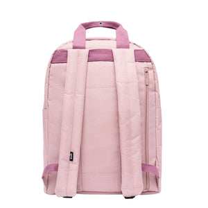 A light pink backpack shown from the back, featuring padded shoulder straps, top carry handles, a vertical zippered pocket on the right side, and contrasting darker pink webbing accents near the top and bottom straps.