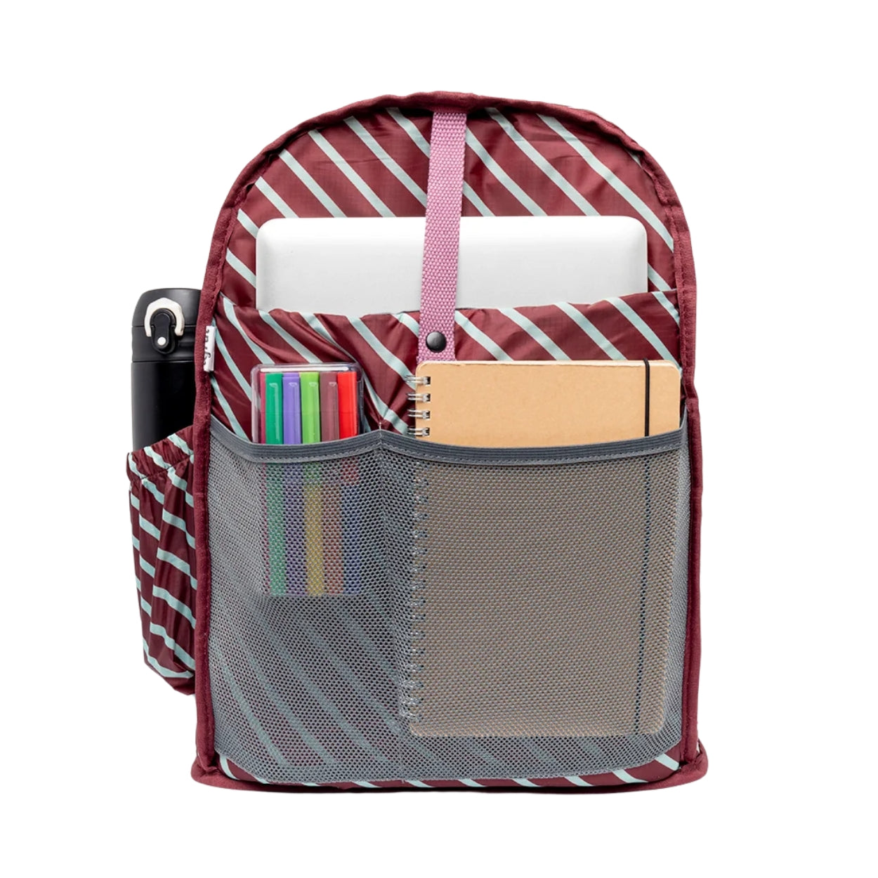 Burgundy and white internal view shown open, filled with a white laptop, notebooks, and pens, on a solid white background.