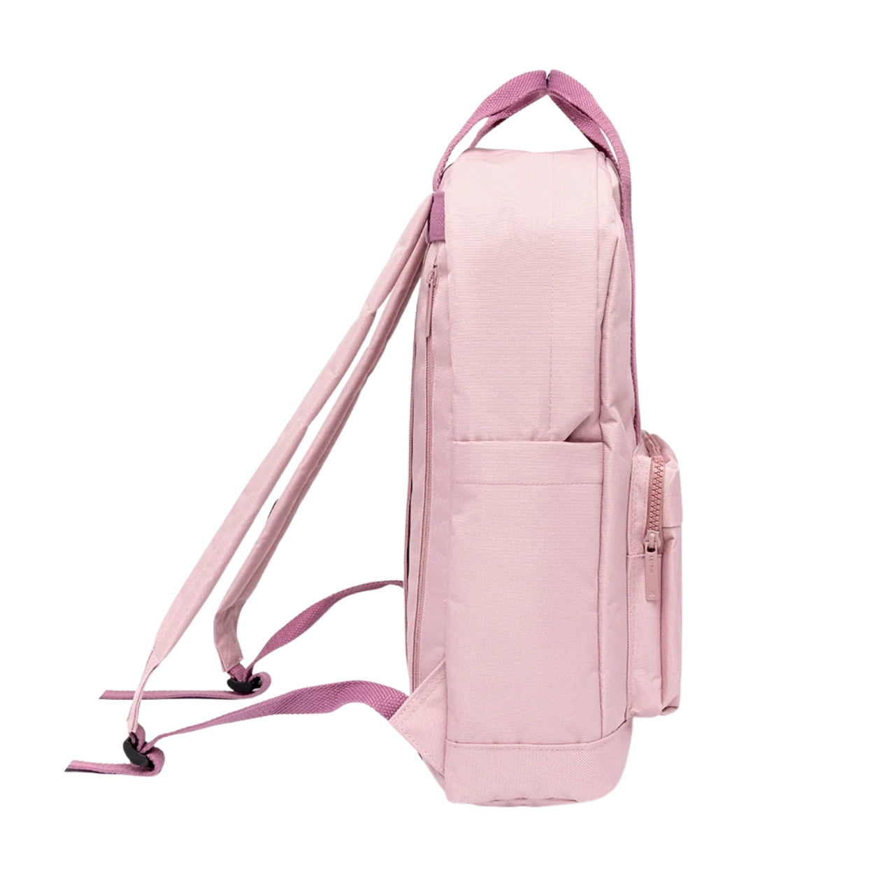 A light pink backpack shown from the side against a plain white background, featuring dual shoulder straps, a main compartment, and a side pocket.