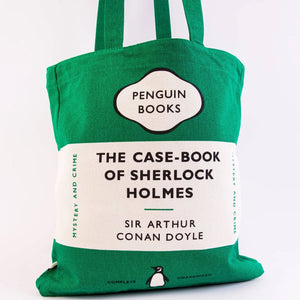 Green tote bag with 'Penguin Books' and 'The Case-Book of Sherlock Holmes' design on a white background