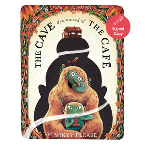 Book cover of 'The Cave Cafe' with a stylized illustration of a creature and text.