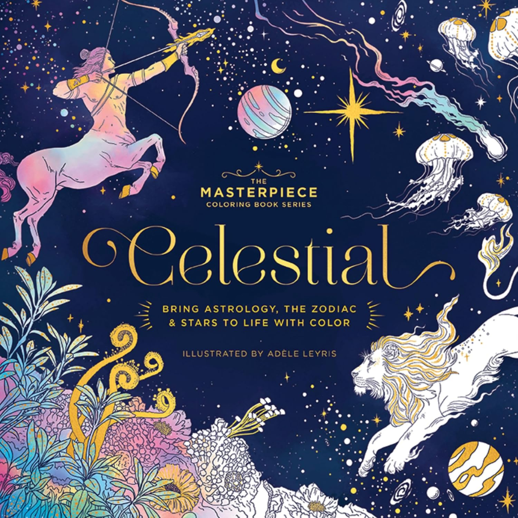 Coloring book cover titled 'Celestial' featuring astrological designs and celestial elements.