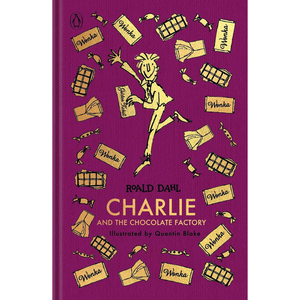 Front cover of the book 'Charlie and the Chocolate Factory' by Roald Dahl, illustrated by Quentin Blake. The cover is a textured magenta-purple color with gold illustrations of Willy Wonka's chocolate bars and a gold line drawing of Charlie flying.