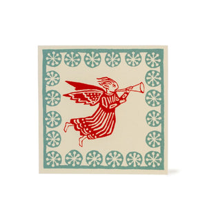 Card with red angel playing a horn on a beige background with blue decorative border