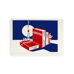 Christmas-themed greeting card with books and Santa Claus on a blue background