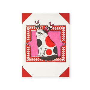 Card with a cat illustration on a red and white background
