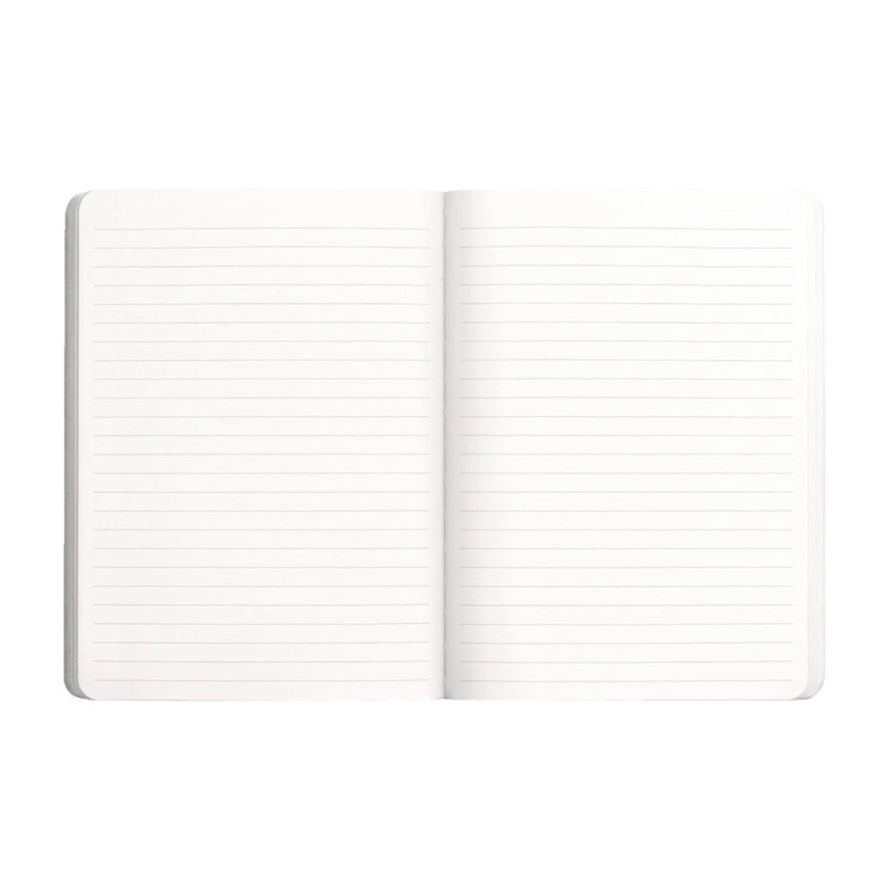 An open lined notebook with blank white pages, centered on a solid white background.